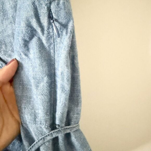 J. Crew Chambray Faux Wrap Peplum Blouse Ruffle Sleeve in Blue Size 12 - Picture 4 of 7